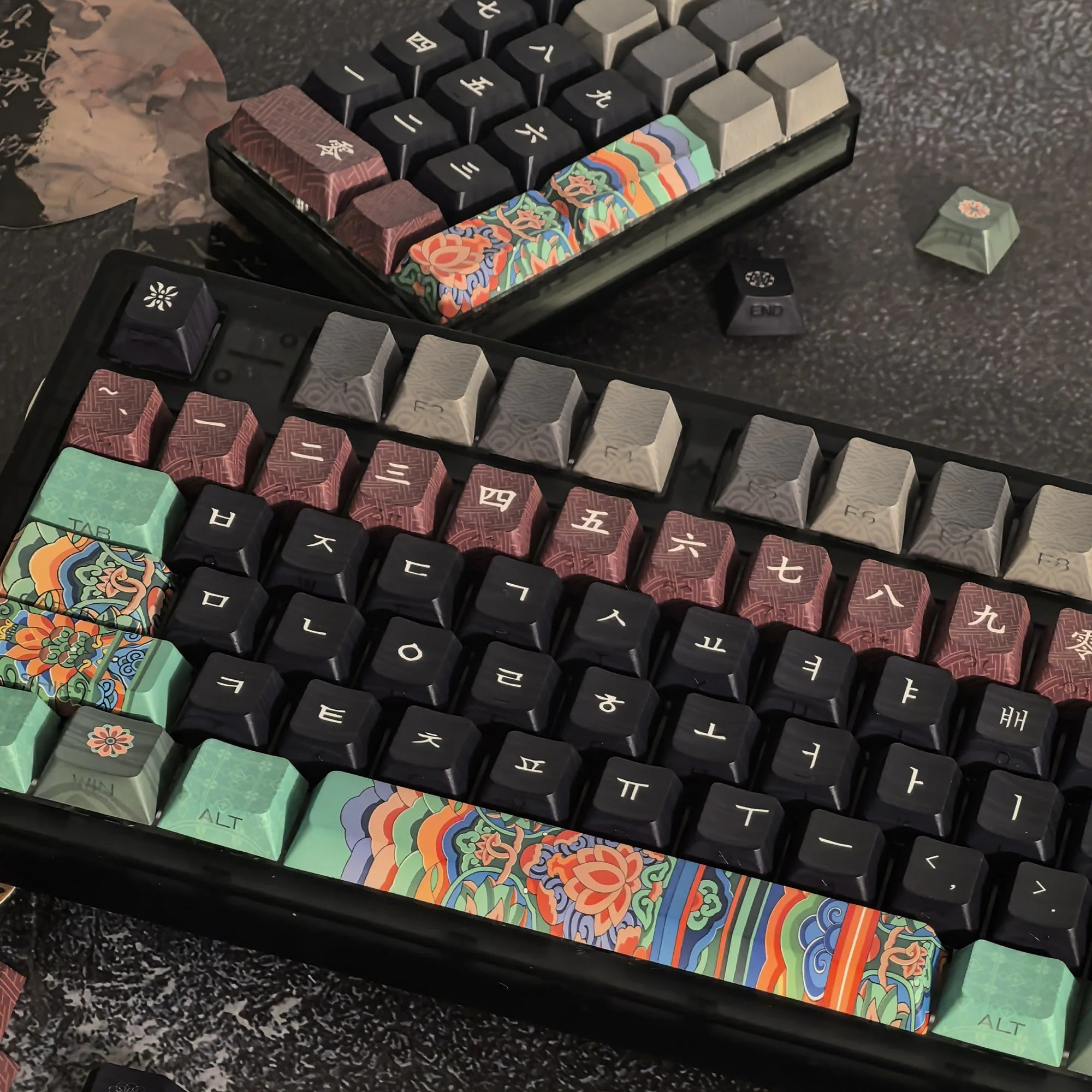 Dancheong Korean keycaps Retro Side Engraved Translucent Pbt Theme Keycap For Mechanical Keyboard 단청 와글바글 염료승화 PBT 키캡