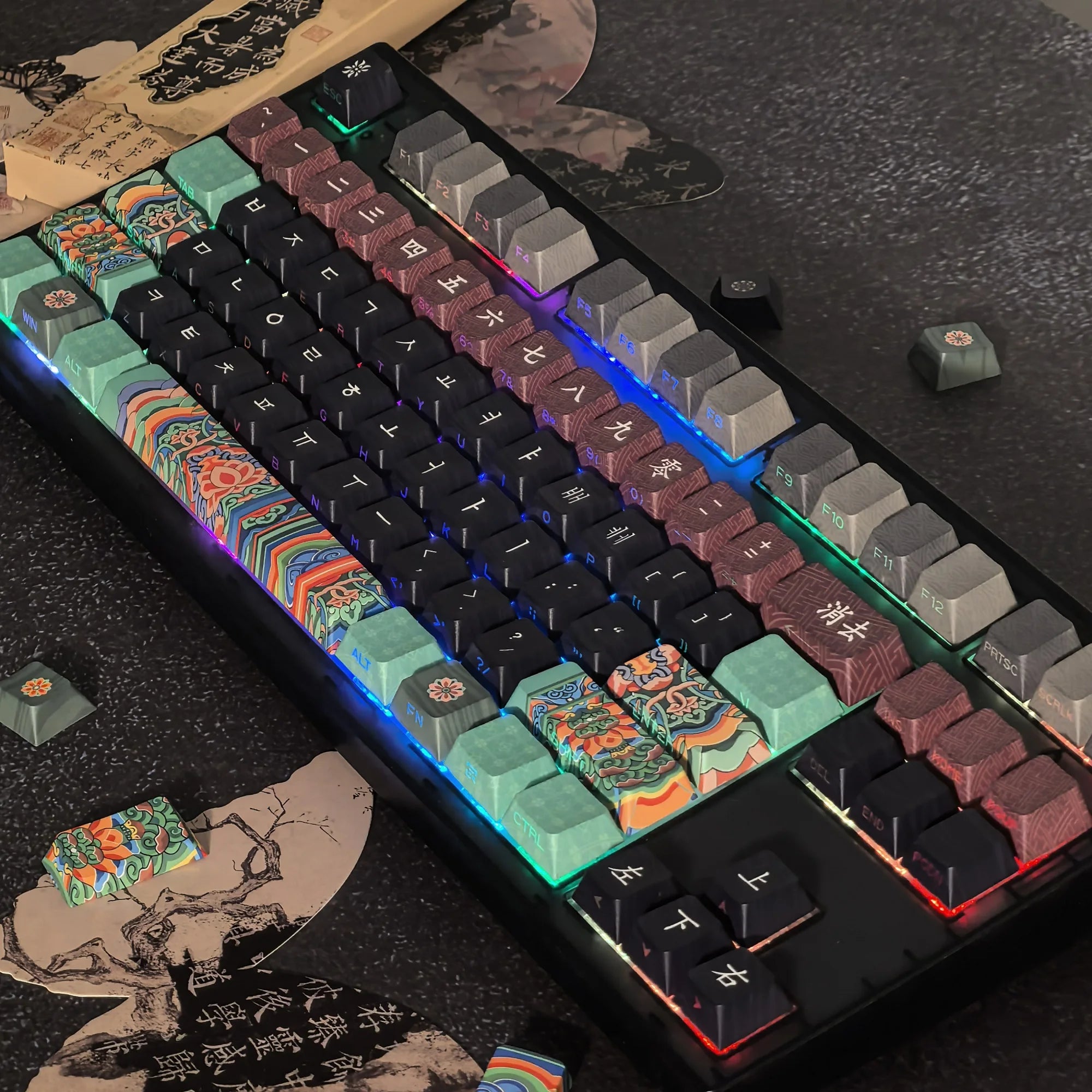 Dancheong Korean keycaps Retro Side Engraved Translucent Pbt Theme Keycap For Mechanical Keyboard 단청 와글바글 염료승화 PBT 키캡