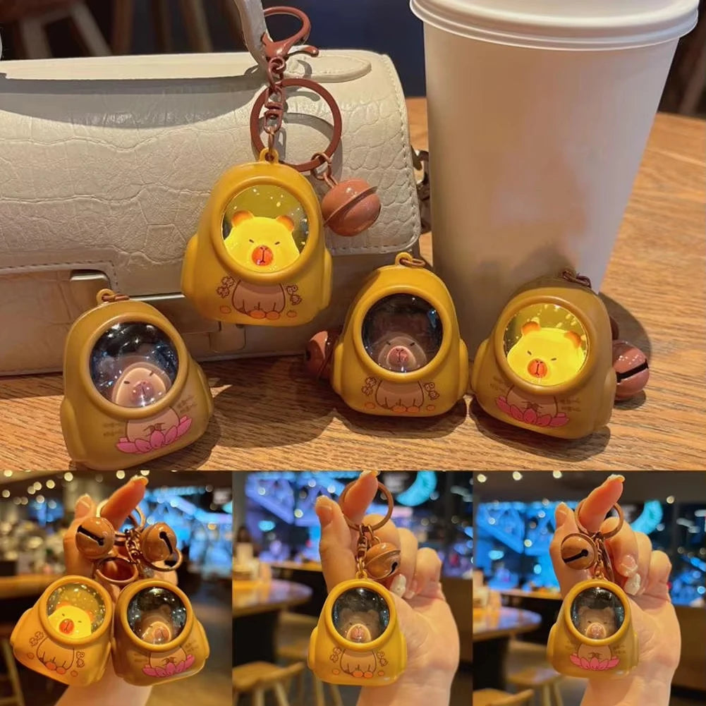 Creative Kapibala Luminous Keychain Cute Cartoon Space Capsule Capybara Keyring Schoolbag Pendant Trinket Friend Gift